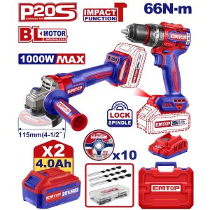 Taladro de impacto 66 nm y esmeril inalámbrico 4 1/2" con 2 baterías y cargador Emtop