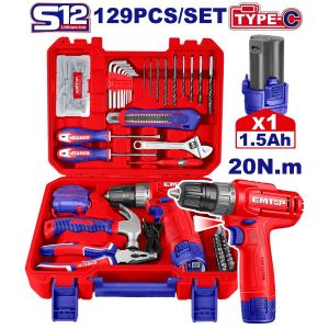 Set de herramientas y atornillador inalámbrico 129 piezas Emtop