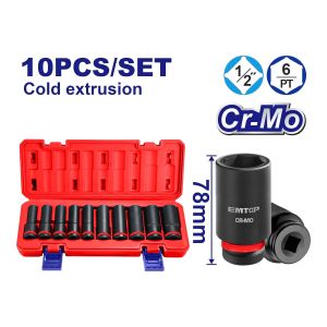 Juego dados de impacto largos 1/2" 10 piezas Emtop